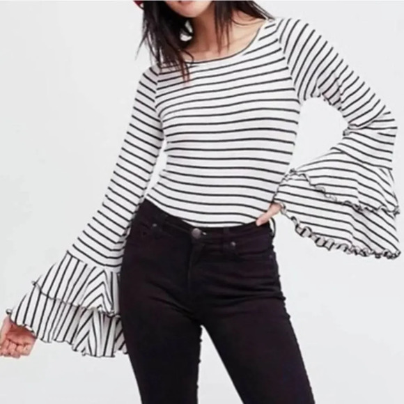 WE the Free People size xs double bell sleeve Jersey Stretch white black striped - Picture 1 of 5